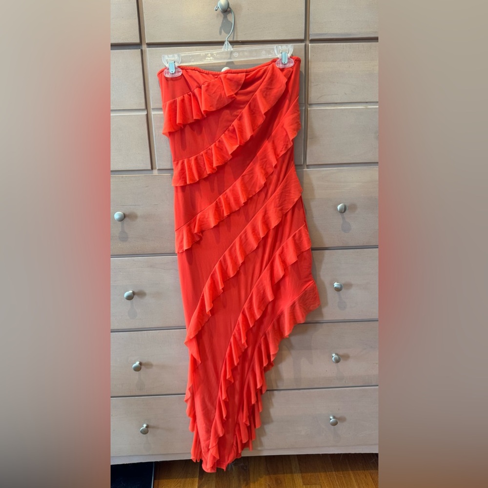 Vibrant Coral Orange Asymmetrical Ruffled Dress